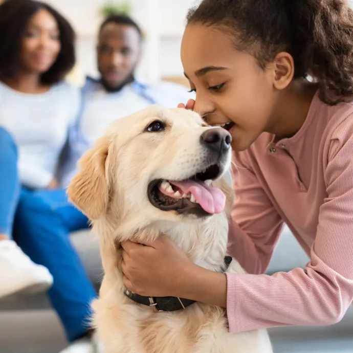 Mädchen streichelt Hund in einer liebevollen Umgebung, Eltern im Hintergrund. Glücklicher Moment in einer Kinder- & Jugendhilfeeinrichtung, förderndes Umfeld und tiergestützte Unterstützung.